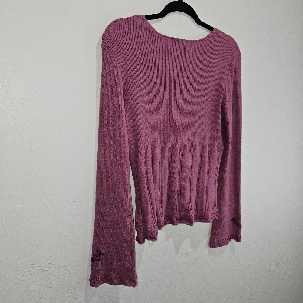 Y2K Sweater Embroidered Floral Vintage Fairycore Ribbed Knit Large Whimsy - Picture 9 of 13